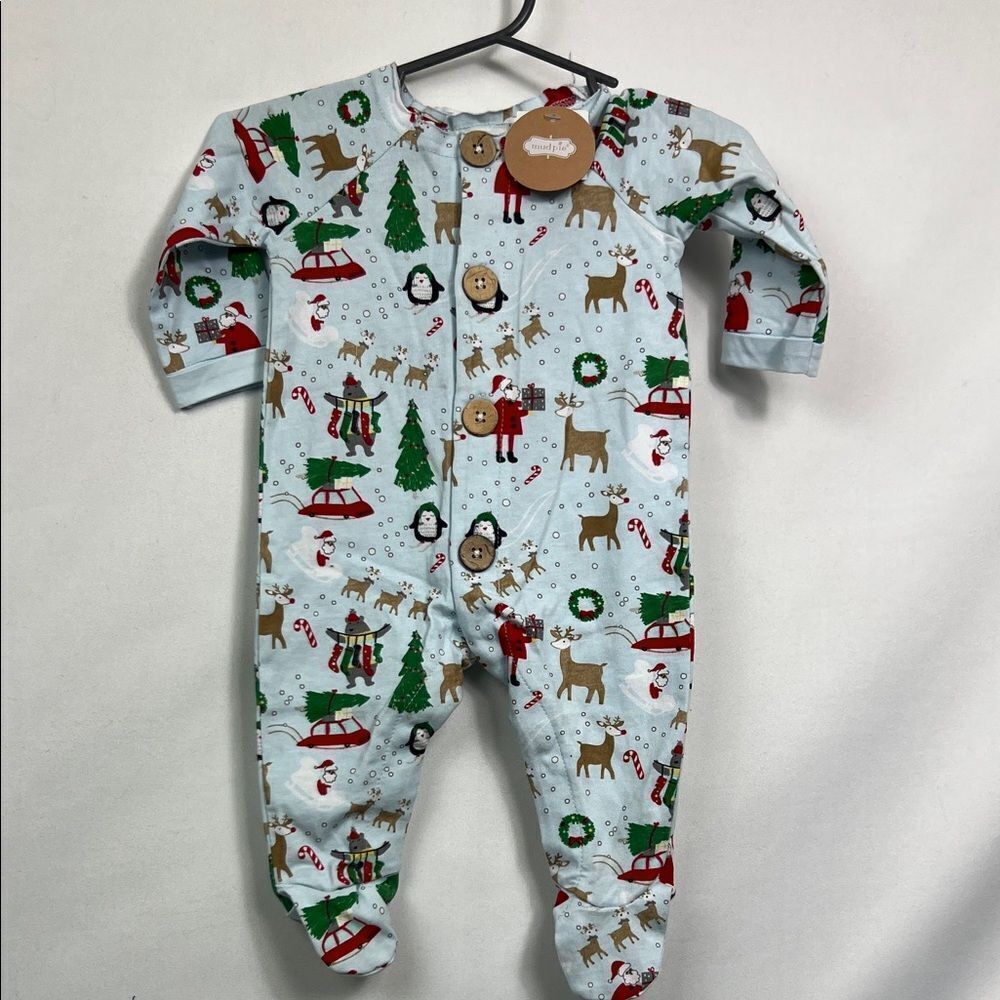 Mud Pie blue Festive Holiday Print Kids One Piece footie. NWT size 0-3 months